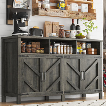 Buffet Sideboard with Storage Farmhouse, Large Kitchen Storage Cabinet Wood Coffee Bar Cabine Buffet, 55in, Grey