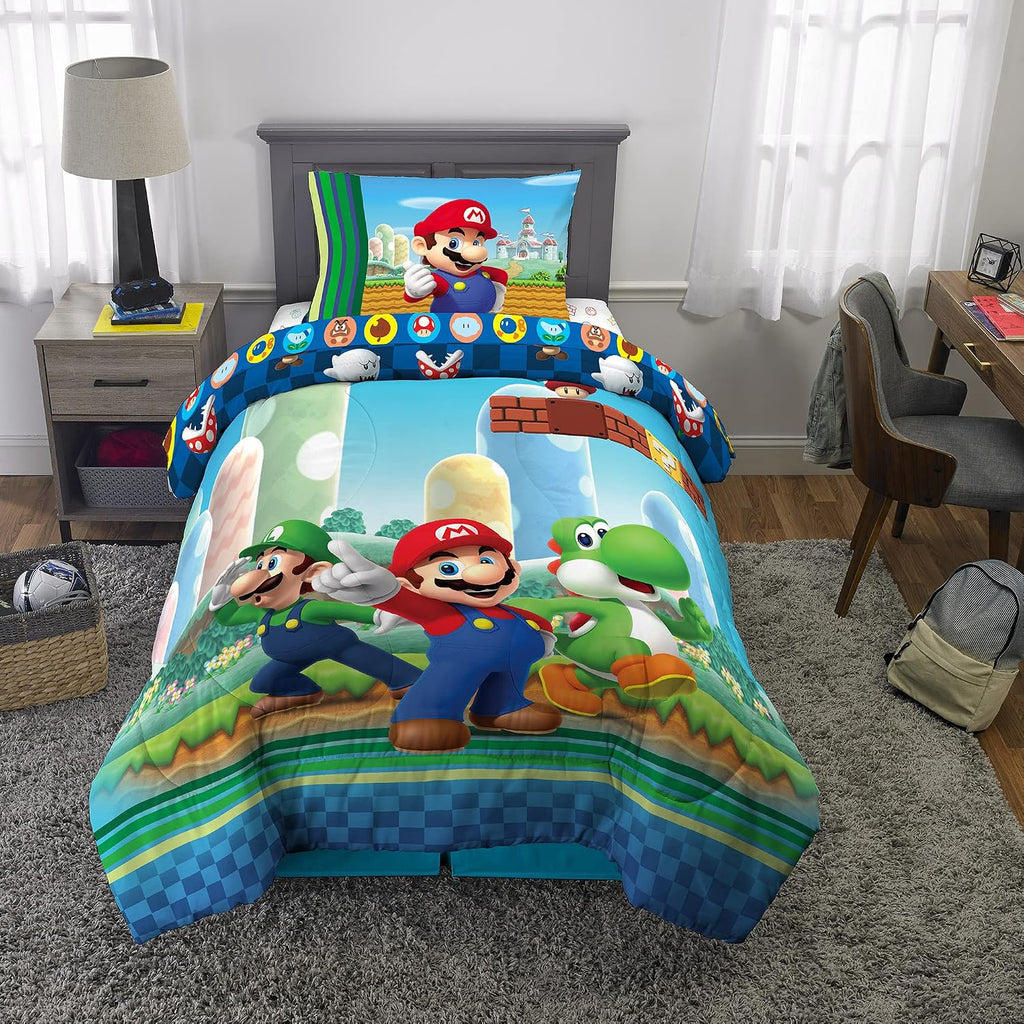 Super Mario Kids Bedding, 4 Piece Super Soft Cozy Reversible Comforter and Sheet Set, (Officially Licensed Product)