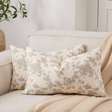 100% Cotton French Pastoral Lumbar Throw Pillow Covers Set of 2, 12x20 Inch Green Farmhouse Decorative Cushion Covers