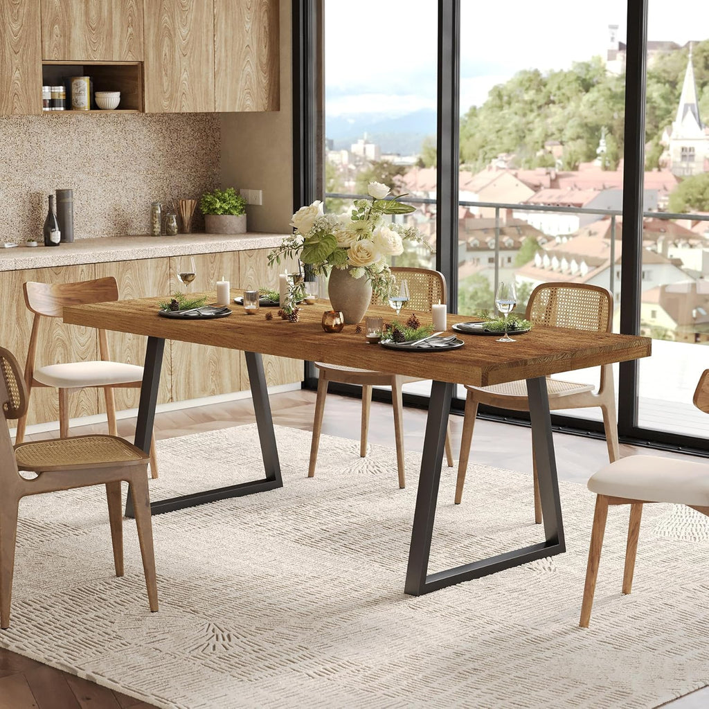 63" Industrial Dining Table for 4-6 People, Solid Wood Rectangular Kitchen Table with Heavy-Duty Metal Legs for Home