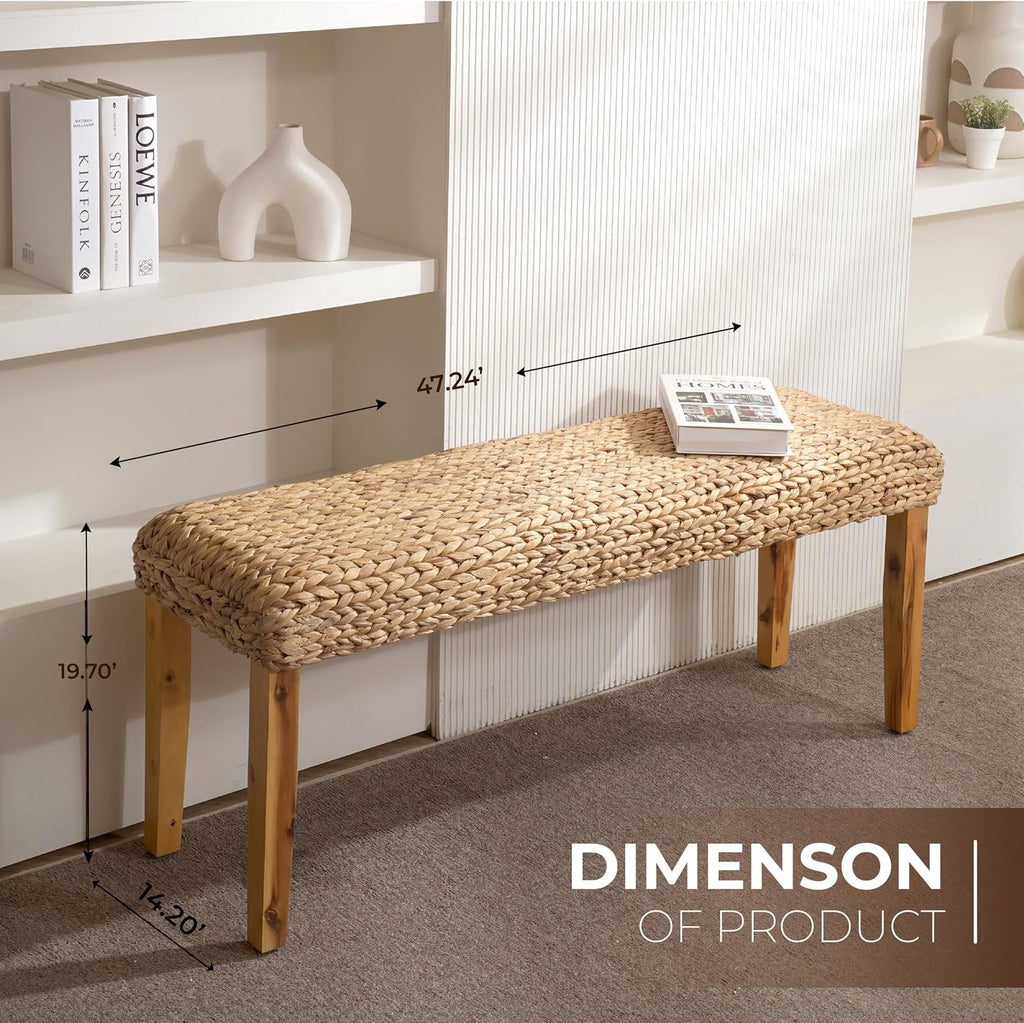 Solid Wood Acacia Indoor Bench, 47 Inch Water Hyacinth Seat, Fishbone Style | Natural Woven Seat, Living Room or