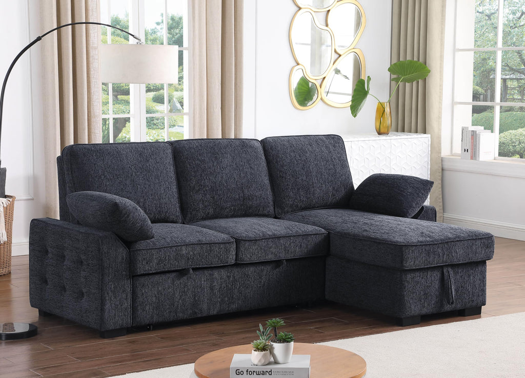 L-Shaped Pull Out Sleeper Sofa Bed, Modern Chenille Upholstered Button Tufted Corner Reversible Sleeper Sectional