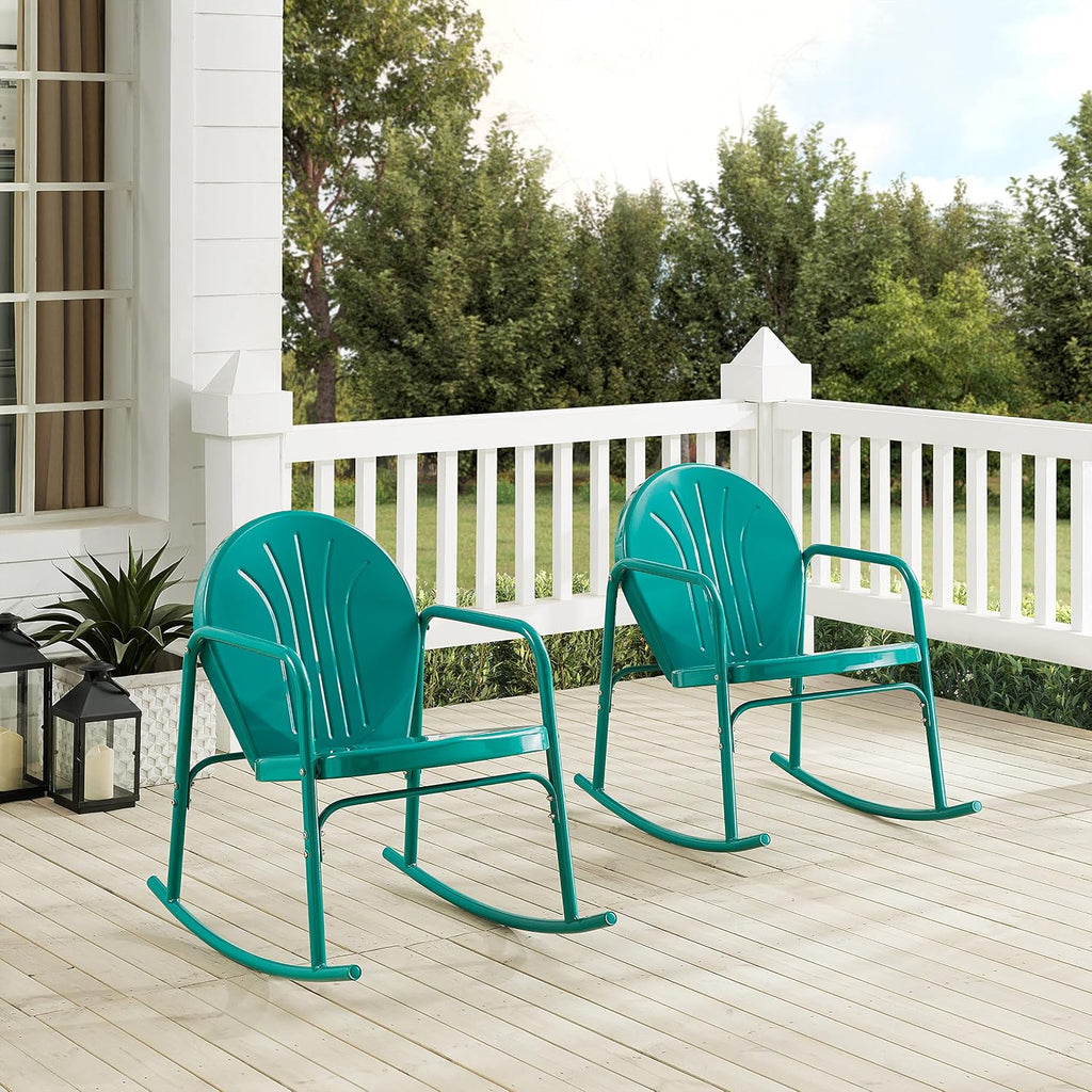 Griffith Retro Metal Outdoor Rocking Chairs, Set of 2, for Porch, Deck, Balcony, Backyard, Turquoise Gloss