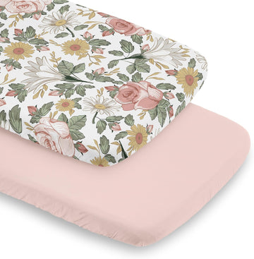 2-Piece Baby Bassinet Sheets Set (Boho Vintage Floral) for Girls, Infant Newborn Nursery, Oval, Rectangle & Hourglass