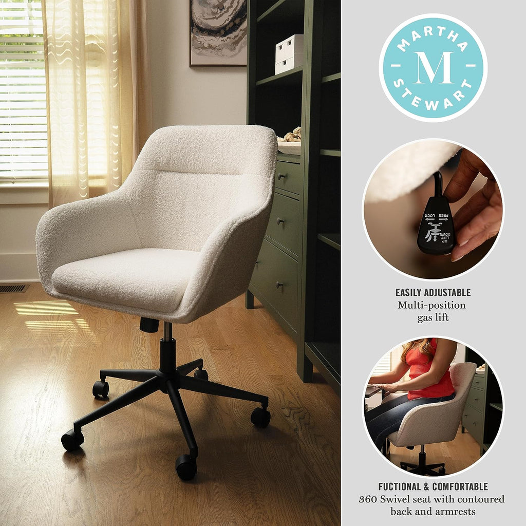 Swivel Task Chair with Flared Arms for Home Office in White Boucle with Oil Rubbed Bronze Frame