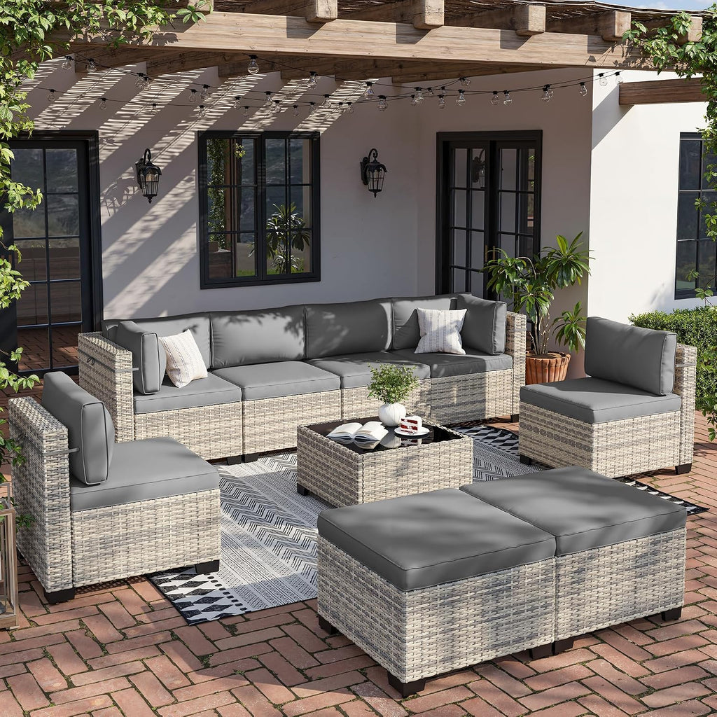 Outdoor PE Wicker Rattan Modular Patio Sectional Sofa Set | 9-Piece: 6 Modular Seats, Coffee Table & 2 Ottomans, Grey