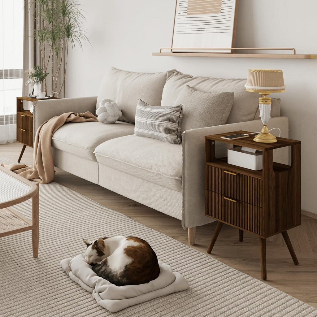 Nightstand with Charging Station and LED Lights,Modern Bedside Table with 2 Storage Drawer and Open Wood Shelf