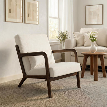 Mid-Century Modern Accent Chair, Chenille Upholstered Armchair with Wood Frame and Lumbar Pillow, Cozy Reading Chair