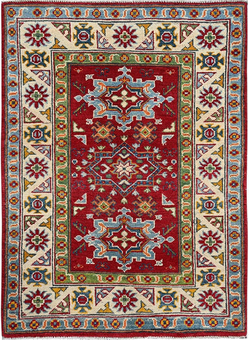 Hand Knotted Kazak Oriental Rug, Crimson Red, Wool, Geometric Medallion Design, Natural Dyes, 3' x 4'
