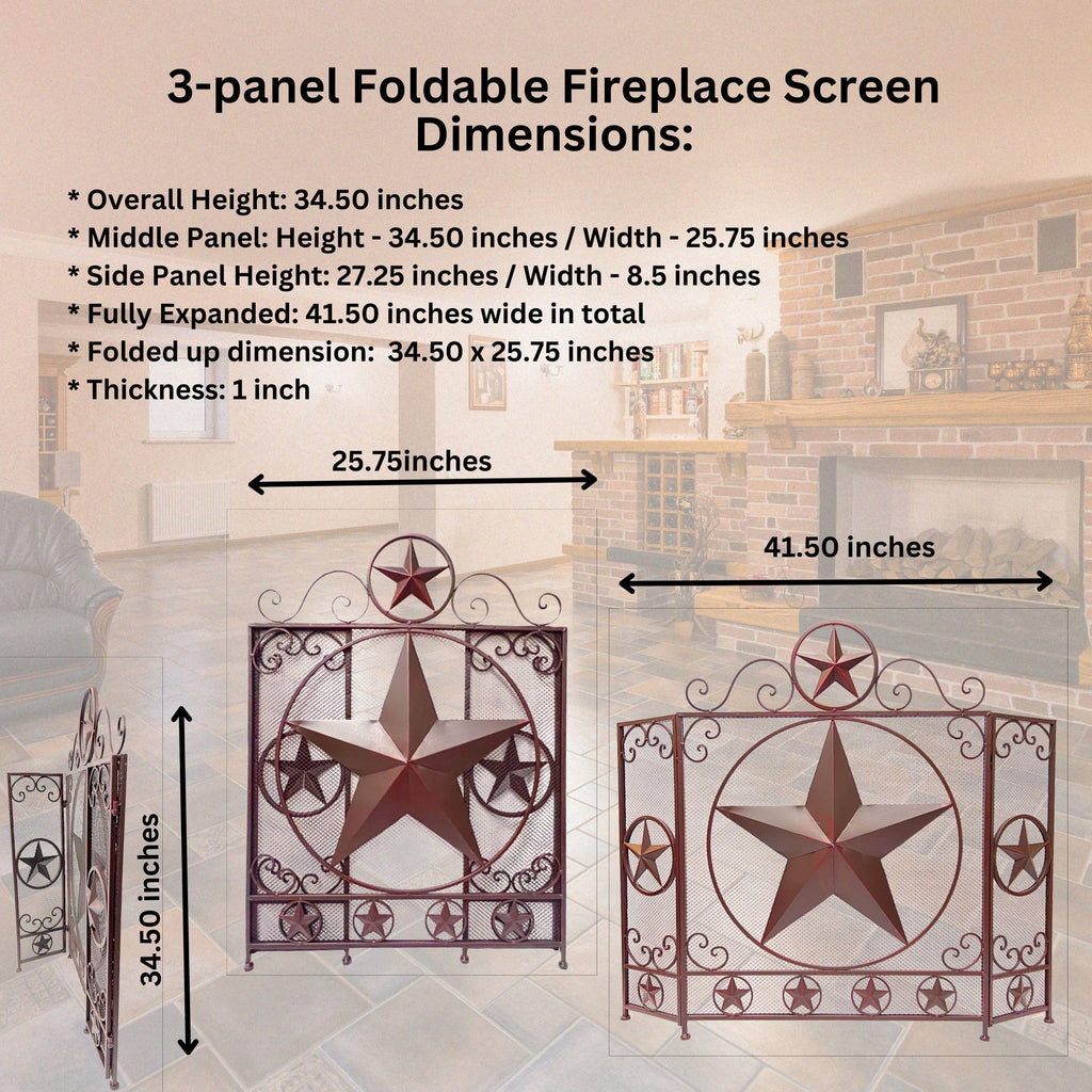 3-Panel Fireplace Screen Decorative - Rustic Brown Star Detail