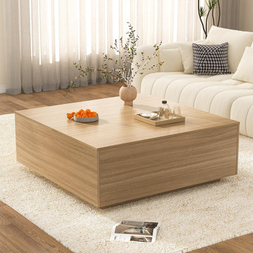 43 Inch Large Square Coffee Table with Storage, Wooden Coffee Table((OAK)