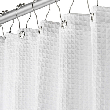 White Fabric Shower Curtain 72x72 - Waffle Weave Bathroom Curtain, Water Repellent Hotel Spa Quality, Heavy Duty 230