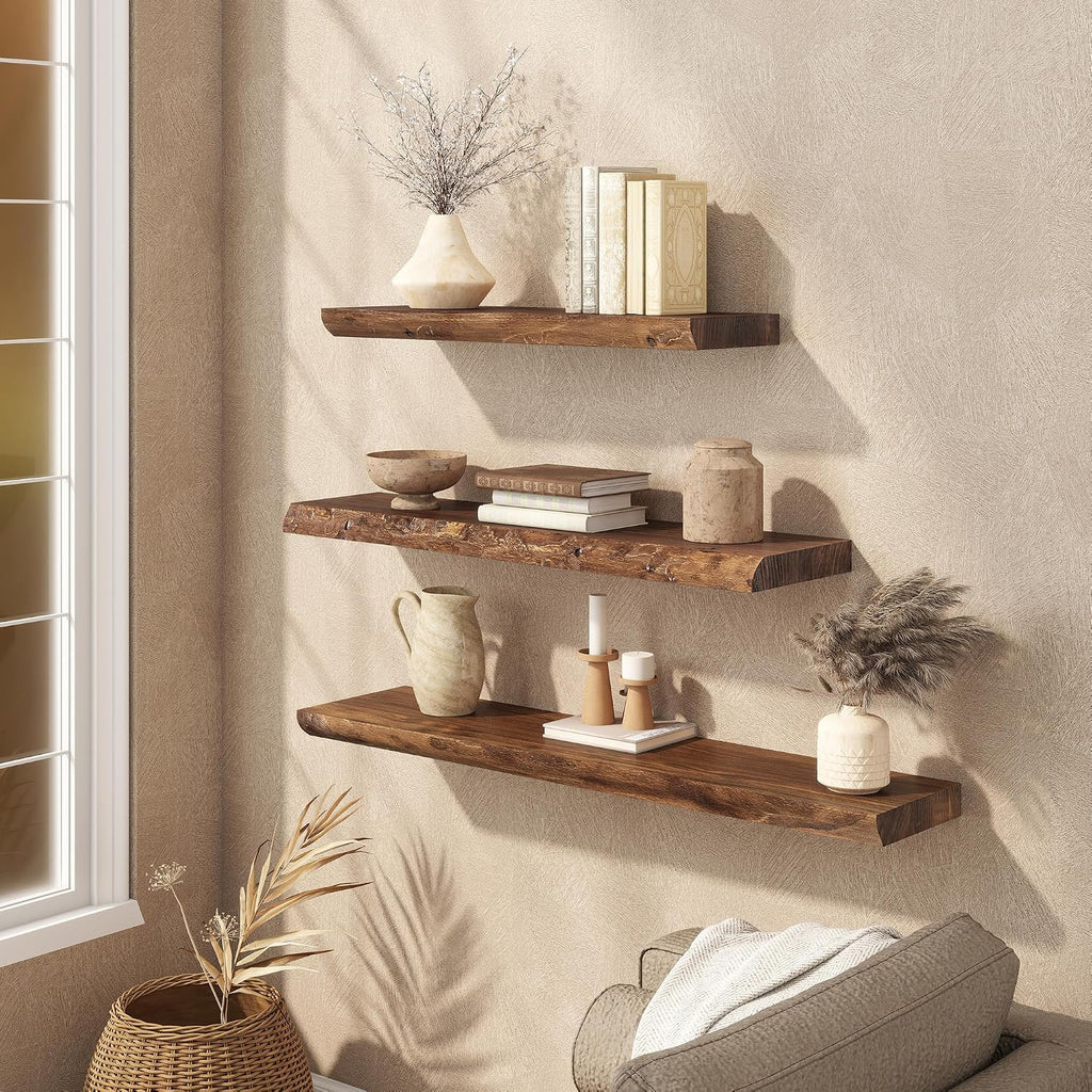 32 Inch Floating Wall Shelves Solid Elm Wood Set of 2 | Vintage Live Edge Wood Grain, Heavy Duty Hidden Brackets