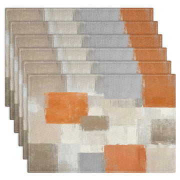 Farmhouse Placemats Set of 6, 12x18 Inch, Geometric Orange Neutral