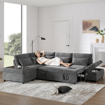 107'' L Shape Modular Sectional Pull-Out Sofa with Wide Seats & Movement Storage Ottoman & USB & Adjustable Armrests