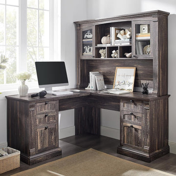 60" L Shaped Executive Desk with Hutch and Drawers, Farmhouse Home Office Desk with Charging Station