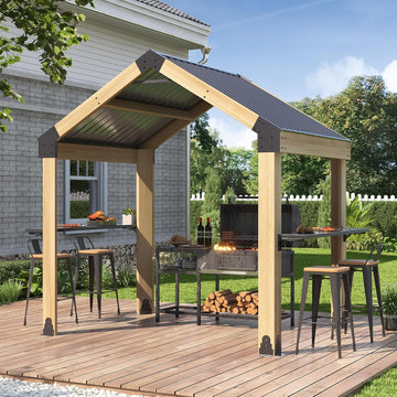 7.7'x5.7' Outdoor Grill Wood Gazebo - Hardtop Gazebo with 2 Side Shelves and Galvanized Steel Roof