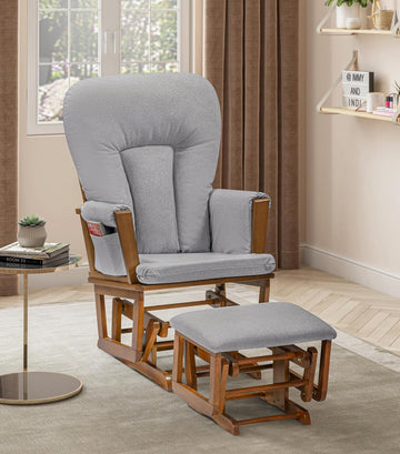 Contempo Nursery Rocking Chair with Ottoman, Wooden Glider for Baby Nursing, Smooth Gliding Rocker, Walnut Wood and