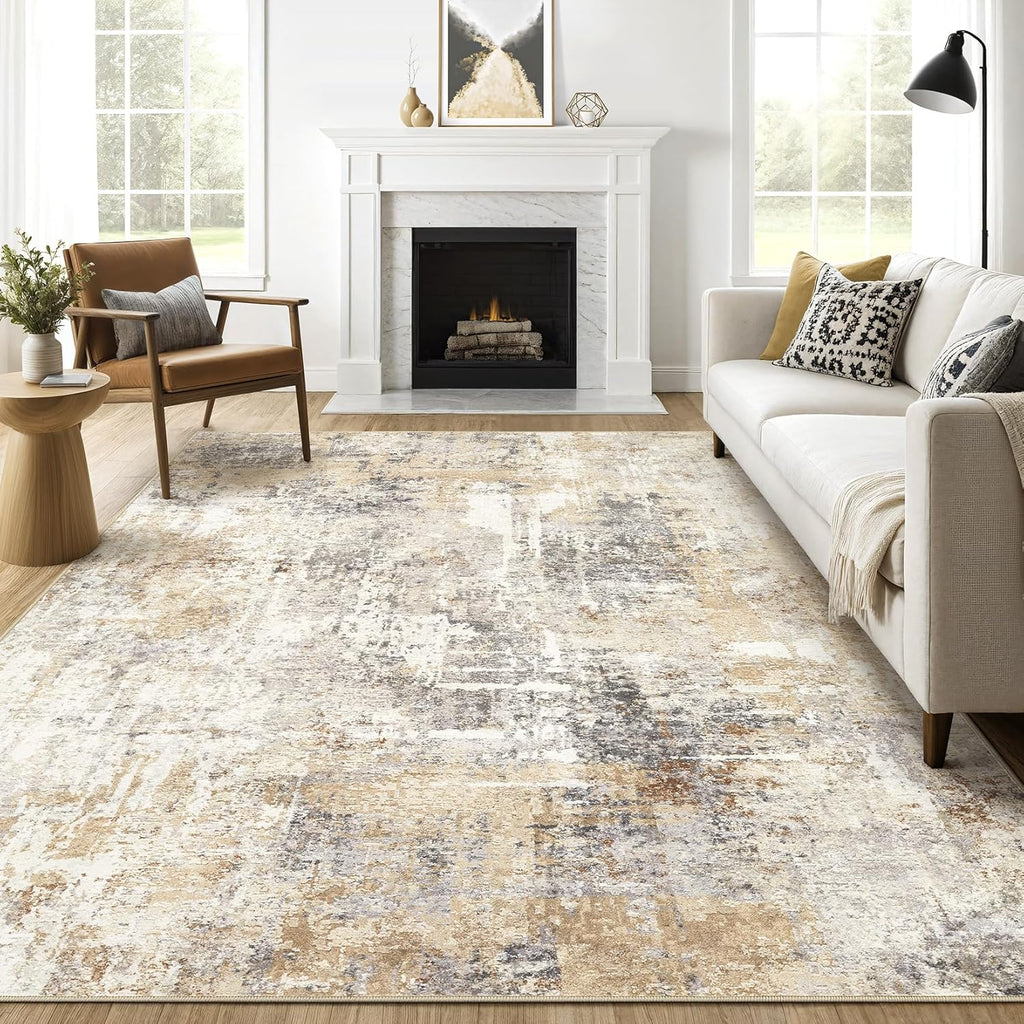 9x12 Washable Abstract Area Rug, Large Neutral Non-Slip Carpet for Living Room Bedroom Grey Gold
