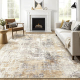 9x12 Washable Abstract Area Rug, Large Neutral Non-Slip Carpet for Living Room Bedroom Grey Gold
