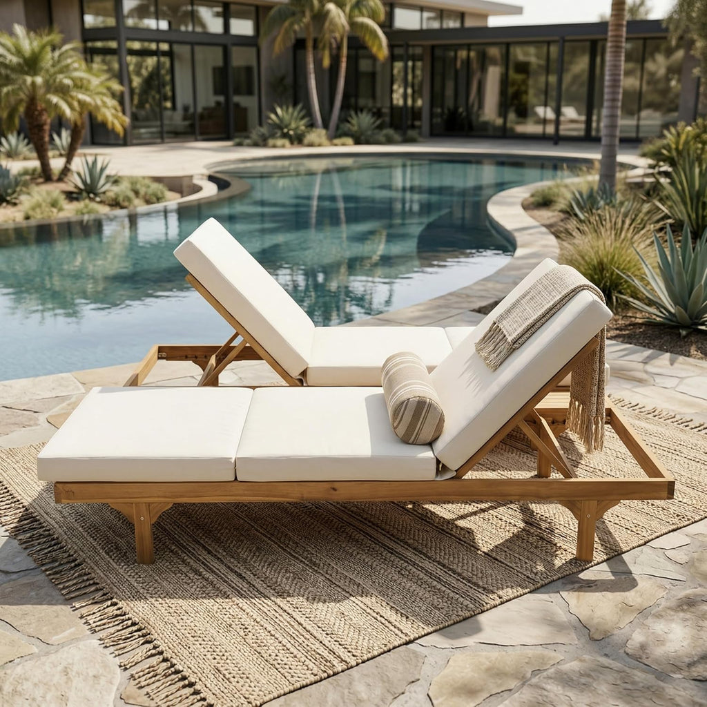2-Person Outdoor Chaise Lounge Set with 3-Fold 4" Cushions, Acacia Wood Patio 5-Position Adjustable Reclining Sun