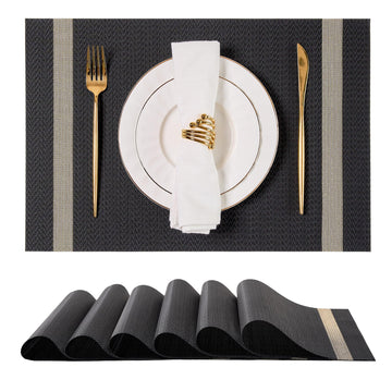 Woven Vinyl Placemats Set of 6,Black Striped