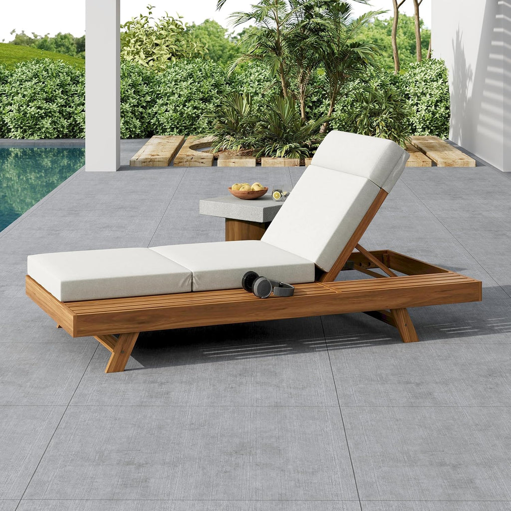 Wood Chaise Lounge with 4'' Four-Folds Cushion, Outdoor 79'' Patio Recliner Chair with 4-Position Adjustable