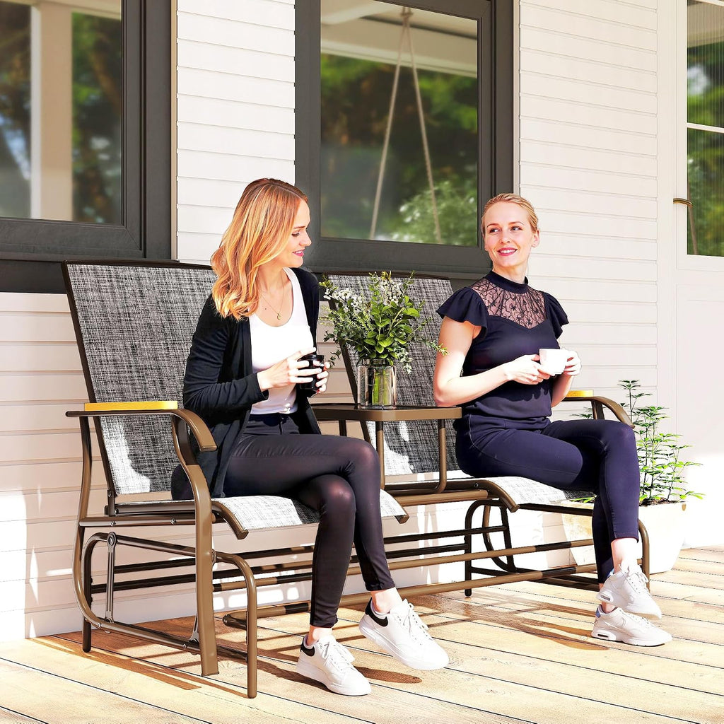 2 Person Outdoor Glider Bench Breathable Mesh Gray | Patio Swing Glider Chair Loveseat, Table, Steel Frame, Garden