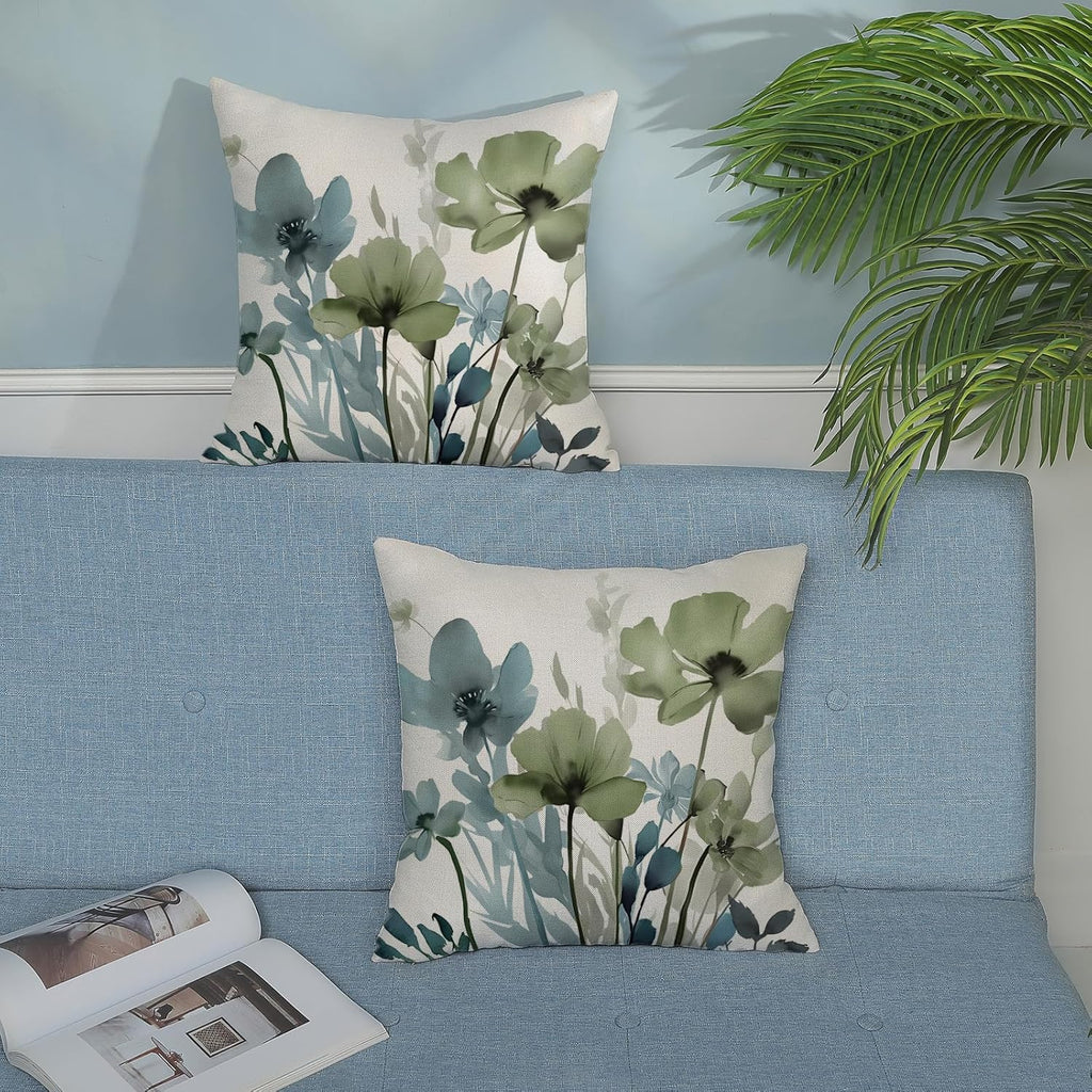 Spring Floral Pillow Covers 18x18 Inches Set of 2 Sage Green Blue Floral Throw Pillow Covers Outdoor Rustic Summer
