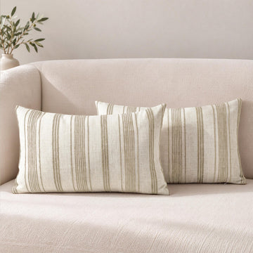 12x20 Decorative Farmhouse Linen Lumbar Pillow Covers, Beige with Brown Chenille Striped Pillow Case, Set of 2, Boho