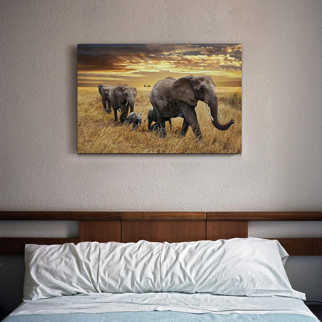 Elephant Canvas Picture Wall Art: Elephant Family Migrate Painting yellow Autumn Sunset Prints Panoramic Animals