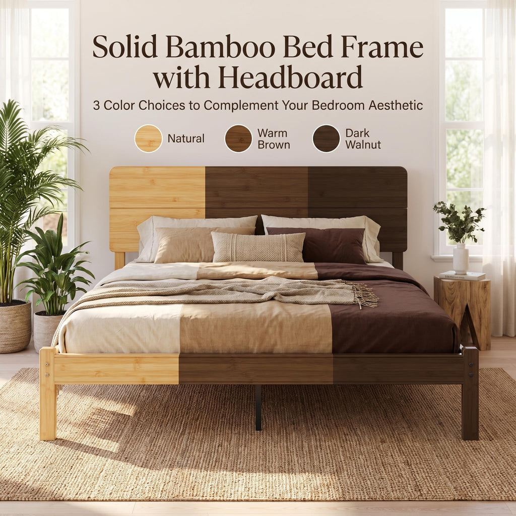 14" Solid Bamboo Wood Twin XL Platform Bed Frame with Headboard