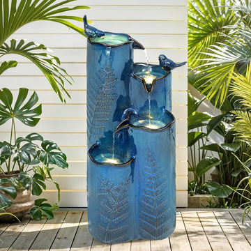 32" H Ceramic Outdoor Water Fountain, 4-Tier Tropical Cascading Waterfall with LED