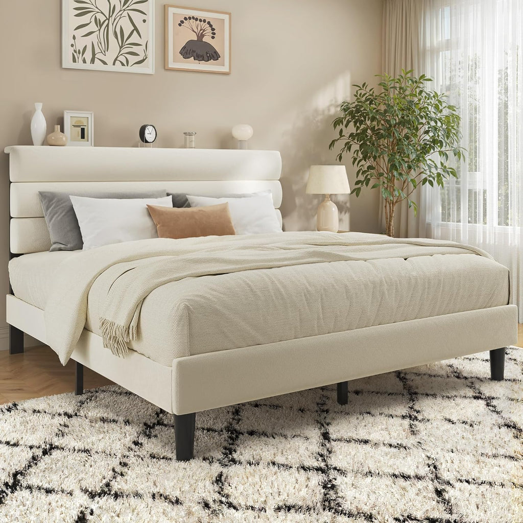 Queen Bed Frame, Platform Bed Frame with Velvet Upholstered Headboard, No Box Spring Needed, Sturdy Metal Support