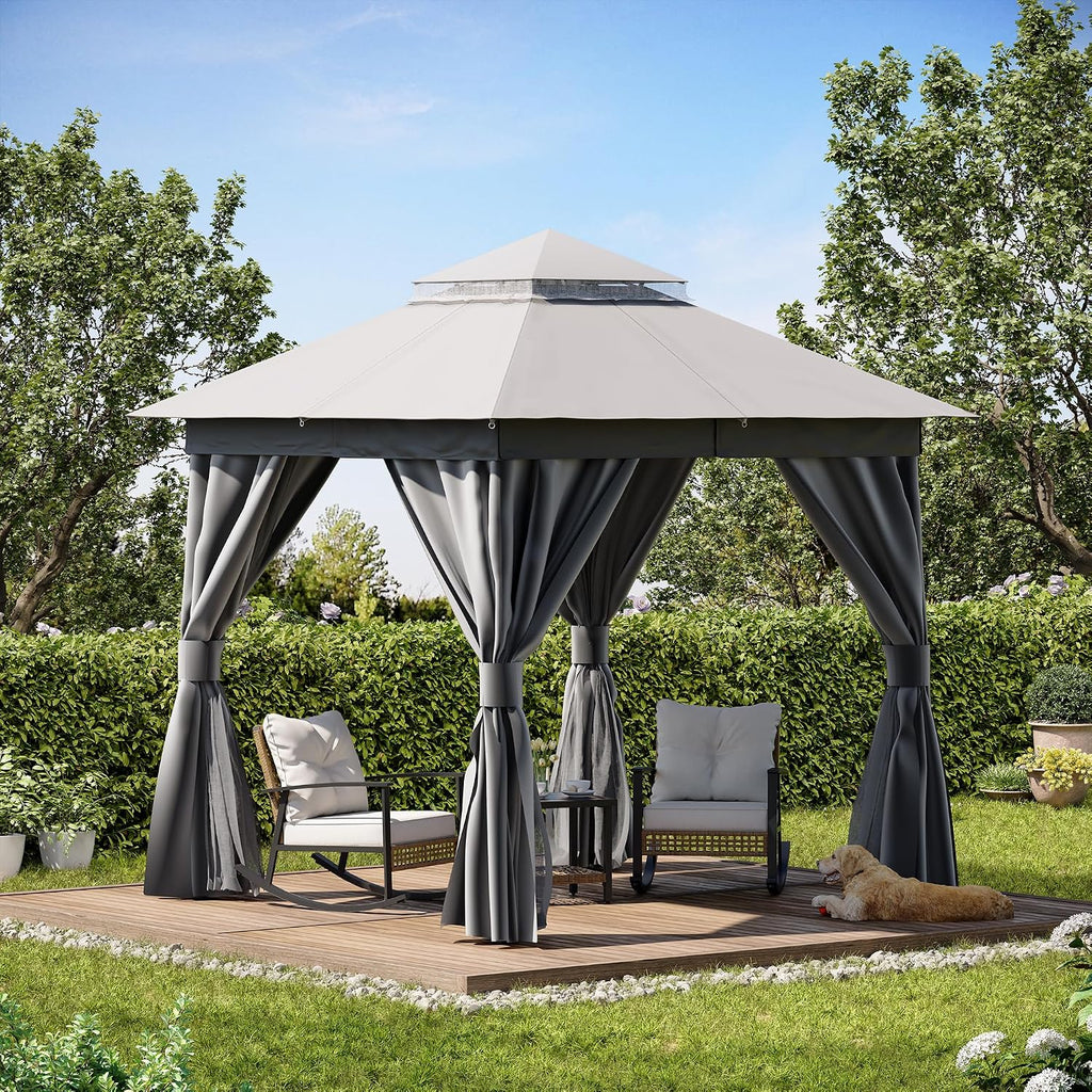 Patio Gazebo 8'x8', Outdoor Heavy Duty Party Tent Shelter with Double Roofs, Mosquito Nettings and Privacy Screens Gray
