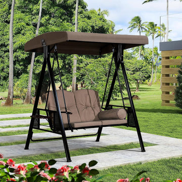 Patio Swing 2-Seat with Canopy and Stand Aluminum, Beige | Thick Cushions with Removable Covers, Integrated Cup