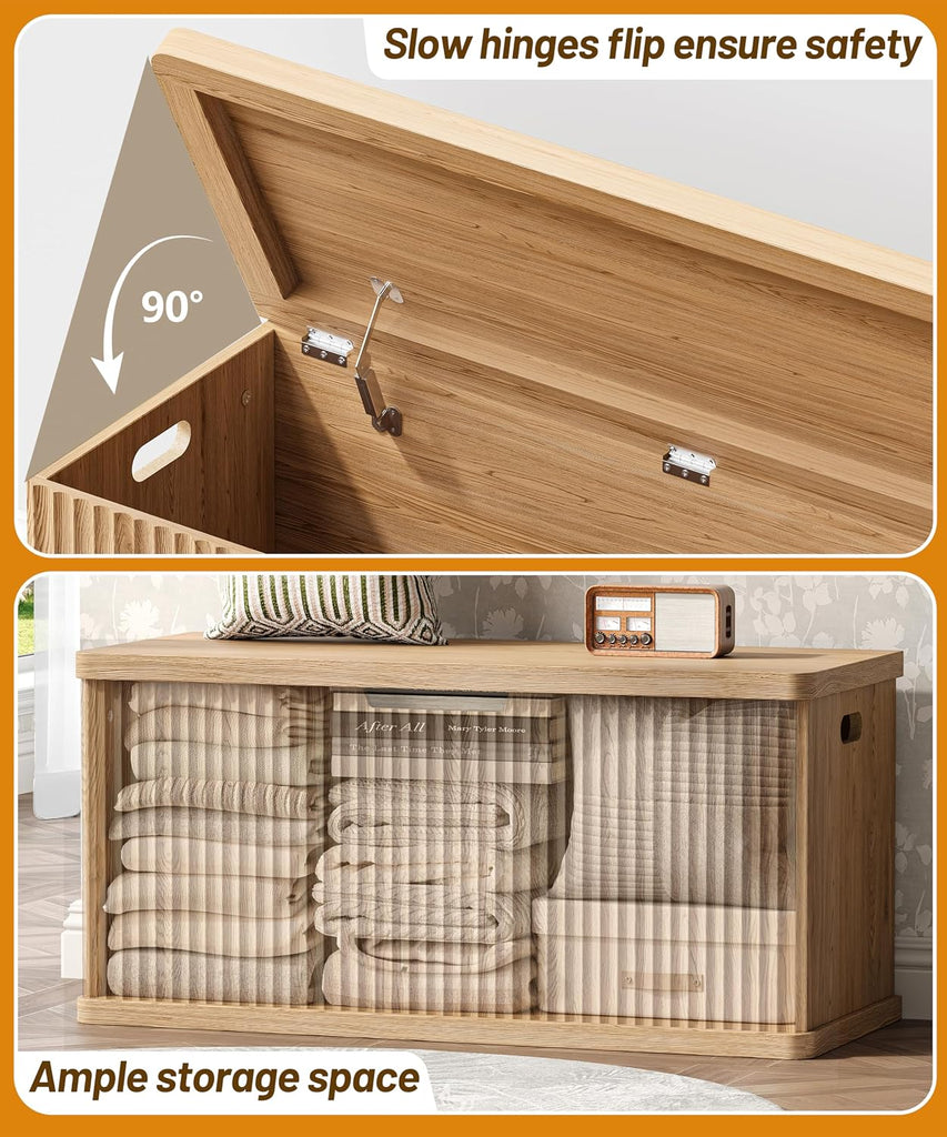 37.4" Fluted Storage Chest Wooden Storage Trunk 2 Safety Hinges Oak | Storage Chest with 2 Safety Hinges & Lift Top