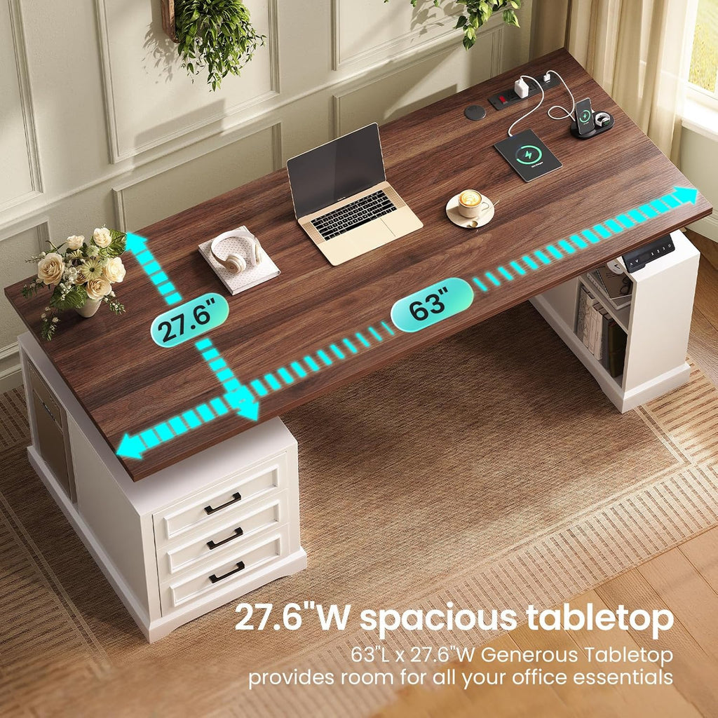 Farmhouse Electric Standing Desk, 63" Height Adjustable Computer Desk with 3 Drawers, Storage Shelves, Power Outlets