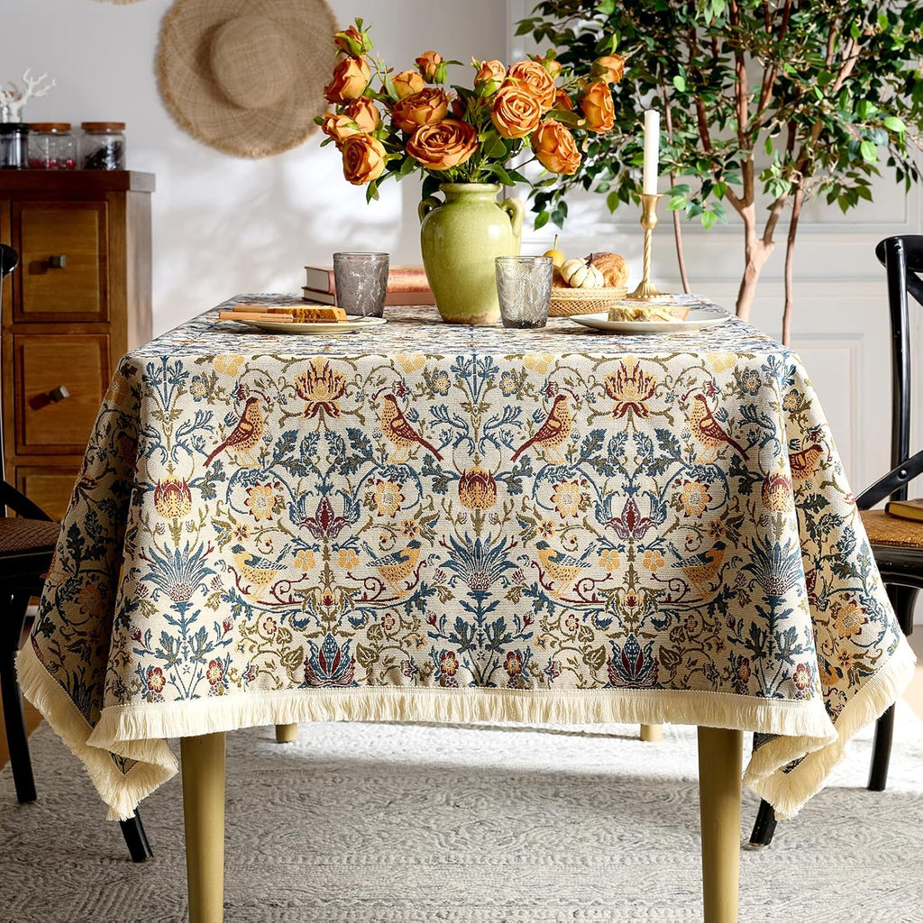 Farmhouse Floral Tablecloths Rectangular Vintage Flower Print Table Cloth with Tassel Rustic French 
