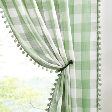 Pompom Buffalo Check Curtains 95" Green White Plaid Window Treatment Set