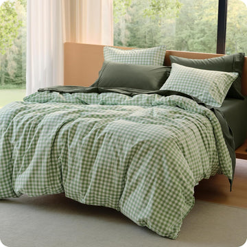 Gingham Duvet Cover, 100% Washed Cotton Duvet Cover Linen‑Like, PureWoven with Reversible Yarn‑Dyed Design
