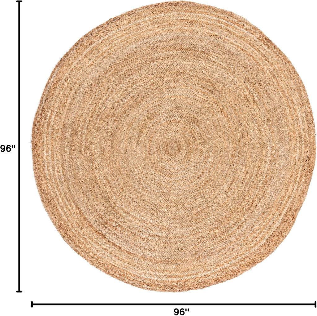 Area Rug 8' Round - Cape Cod Collection- Large - Natural Brown, Handmade Braided Flat Weave Jute (CAP252A)