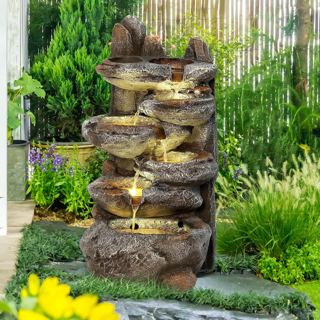 Outdoor Cascading Rock Water Fountain, 6-Tier Fountain and Waterfall | Garden Freestanding Resin Waterfall Feature