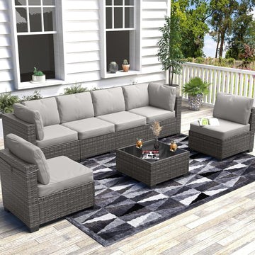Patio Furniture Set, 7-Piece Outdoor Couches , Wicker Sectional Sofa with Coffee Table & Cushions