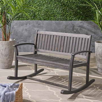 49" Outdoor Rocking Loveseat Bench, 2-Person Double Rocking Chair with Slatted Back/Curved Armrests, Porch Glider for