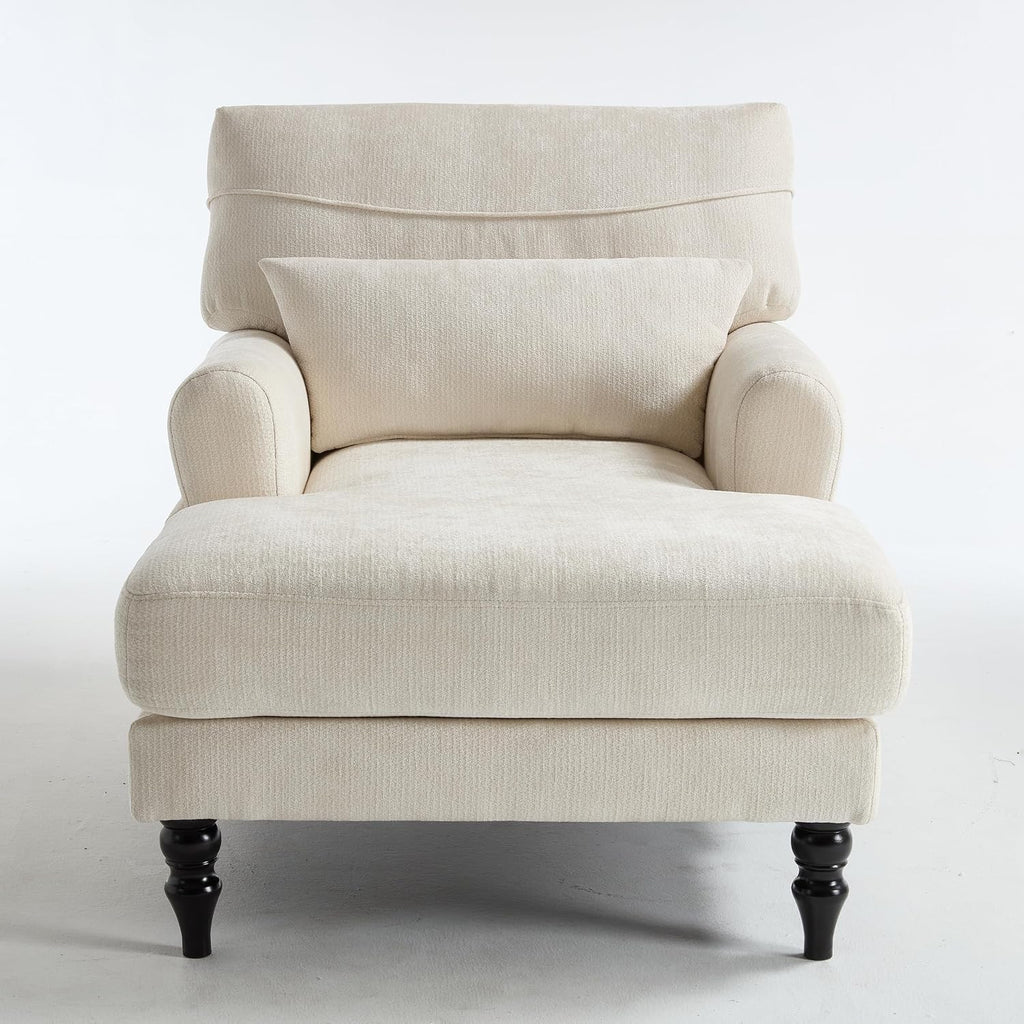 Chaise Lounge Chair Indoor, Leisure Sleeper Sofa w/Cushion, White | Modern Accent Upholstered Reading Side Armchair