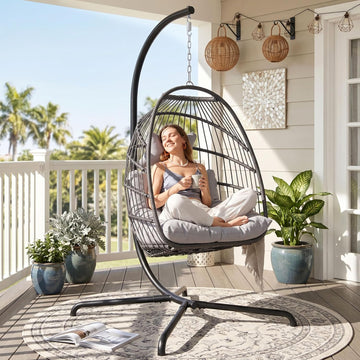 Outdoor Egg Chair with Stand, Wicker , Light Grey | 350 lbs Heavy Duty, Wicker Rattan Hanging Hammock Chair, Single