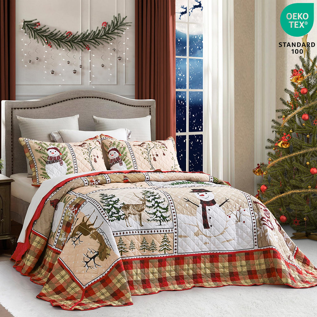 Christmas Oversized King Bedspreads, Quilted Snowman Plaid Pattern