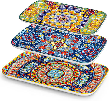 Serving Platters Set of 3, 16"/14"/12" In Rectangular Trays Retro | Ceramic Serving Dish for Entertaining Food