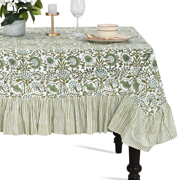 CPC Agate Green Hand Block Print Ruffle Square Tablecloth 60x60 Inch